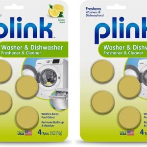 Plink Washer and Dishwasher Freshener and Cleaner, Prevents Residue, Removes Odors in Kitchen and Laundry Room Appliances, Septic-Friendly, Fresh Lemon Scent, 2 Packs of 4 Tablets