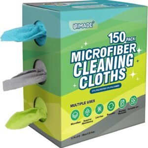 UNIMADE Microfiber Cleaning Cloth, 150 Pack Reusable Paper Towels Microfiber Towels for Cars Lint Free Shop Rags with Box for Home Kitchen Automotive, 11″x 9″, Blue & Grey & Green