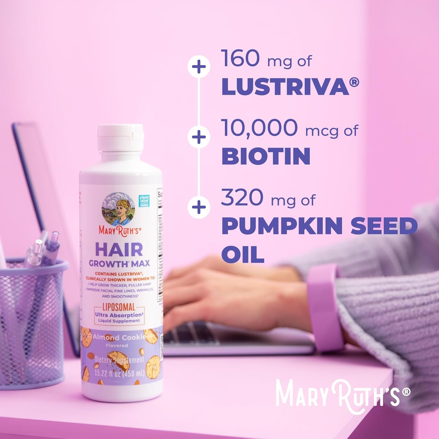 MaryRuth's Hair Growth Max Liposomal for Women | Lustriva® + Biotin 10000mcg + Pumpkin Seed Oil | Thicker Hair | Hair Care | Wrinkles, Fine Lines, Skin Care | Ages 18+ | CLP Certified | 15.22 Fl Oz - Image 7