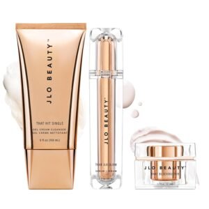 JLO BEAUTY Skin Care Set, 3-Step Daily Routine with Gel Cream Cleanser, Facial Serum & Face Moisturizer, Hydrating & Firming Skincare Set for Smoother, Glowing Skin, 3 Piece Kit