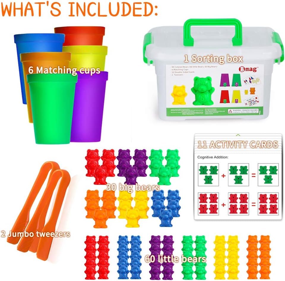 Bmag Counting Bears with Matching Sorting Cups,Number Color Recognition STEM Educational Toy for Toddler, Pre-School Learning Toy with 90 Bears,2 Tweezers,11 Activity Cards,1 Storage Box - Image 2