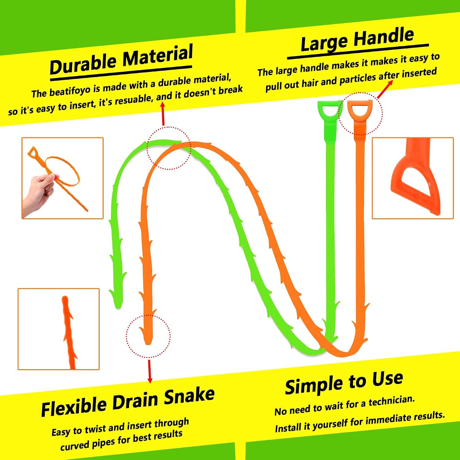 Drain Snake, Drain Clog Remover,Hair snake Tool Opener, sink snake for Sewer Kitchen Sink Bathroom Tub Toilet Clogged Drains Relief Cleaning Tool(1pc 25 Inch +1pc 20inch) - Image 4