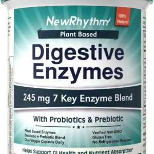 NewRhythm Digestive Enzymes 245 mg, with Probiotics and Prebiotics, Plant Based, 7 Key Enzymes, Digestion, Nutrient Absorption, Protease Amylase & Lipase, 60 Vegan Capsules