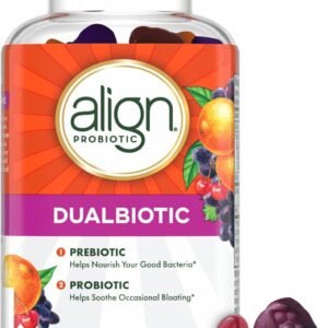 Align Dualbiotic, Prebiotics and Probiotics for Women and Men, Probiotics for Digestive Health, Prebiotics Help Nourish Good Bacteria, Natural Fruit Flavors, 60 Probiotic Gummies
