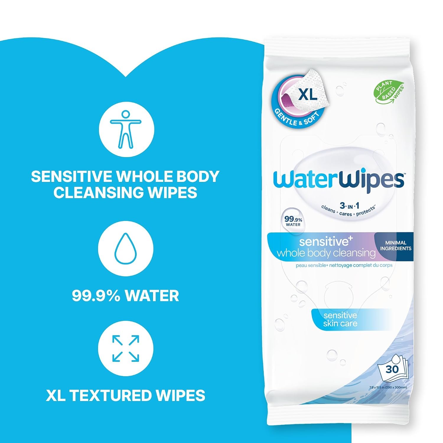 WaterWipes Sensitive Whole Body Cleansing Wipes, 99.9% Purified Water, XL Textured Wipes, Incontinence Care, Fragrance Free, 360 Count (12 Packs) - Image 3