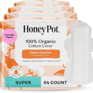 The Honey Pot Company – 64ct – Sanitary Pads for Women – Non-Herbal Super w/Wings – Organic – Cotton Cover, & Ultra-Absorbent Pulp Core – Feminine Care