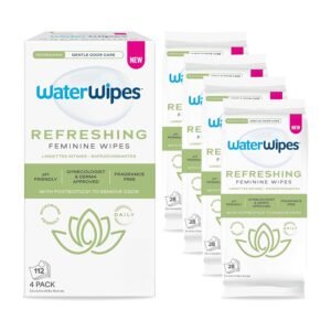 WaterWipes Refreshing Feminine Wipes, Stay Fresh On-The-Go, pH Friendly for Daily Intimate Care, Odor Removal, Gynecologist Approved, Fragrance Free, 112 Count (4 Packs)