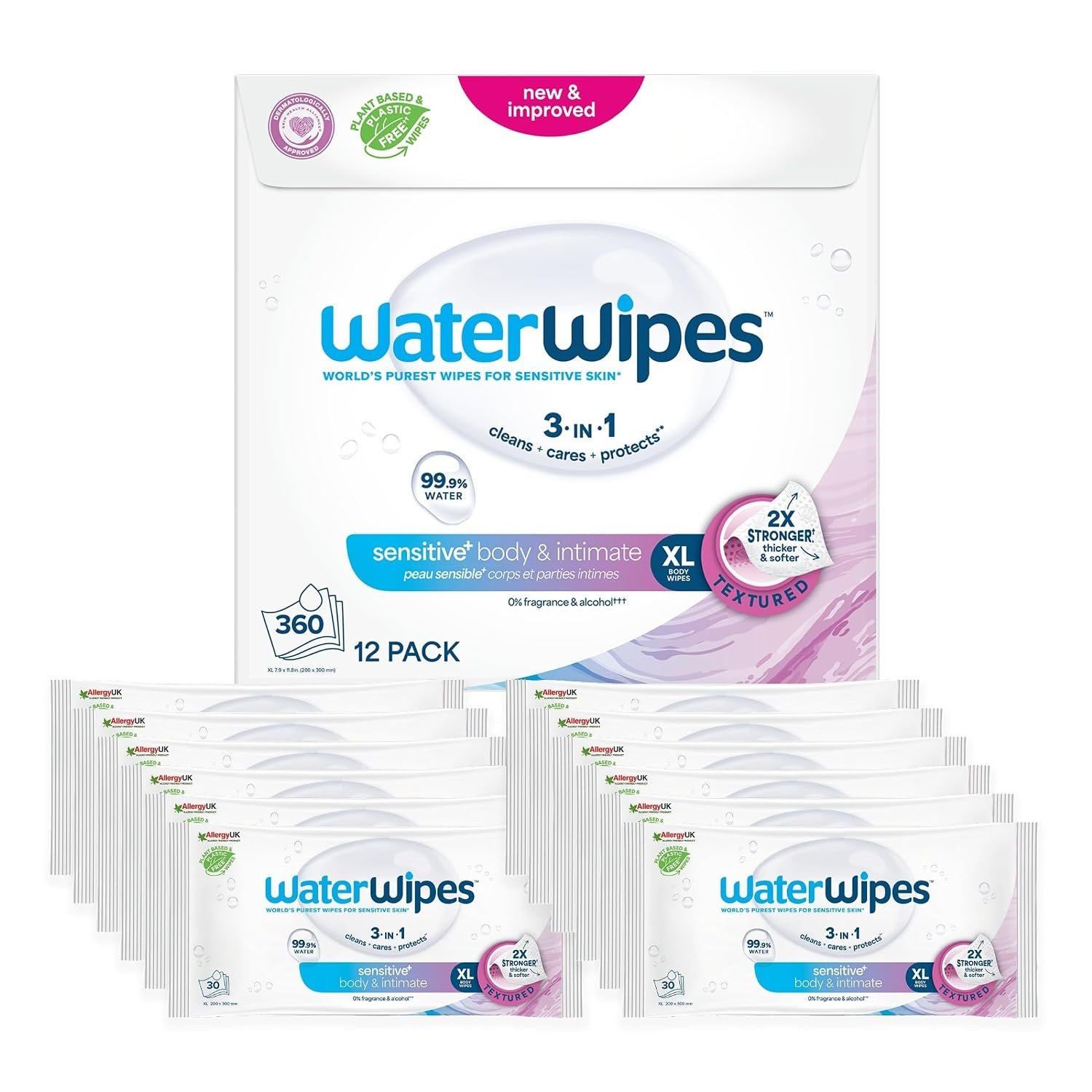 WaterWipes Sensitive Whole Body Cleansing Wipes, 99.9% Purified Water, XL Textured Wipes, Incontinence Care, Fragrance Free, 360 Count (12 Packs)