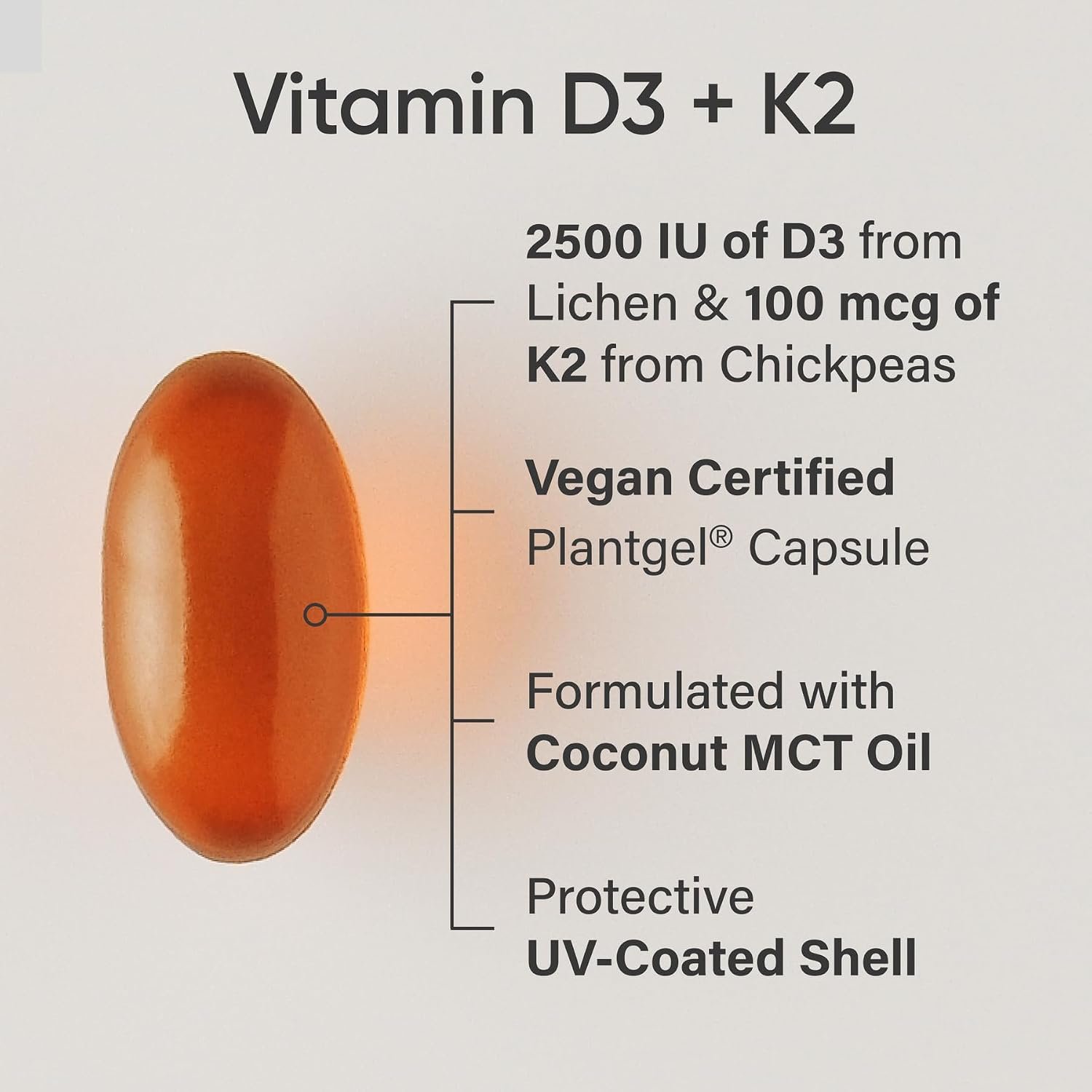 Sports Research® Vitamin D3 + K2 w/Coconut Oil - Vegan Vitamin D 2500iu (62.5mcg) & Mk7 Vitamin K 100mcg for Bone & Immune Support - Vegan Certified · Non-GMO · Soy Free - 60 Softgels - Image 2
