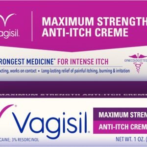 Vagisil Maximum Strength Feminine Anti-Itch Cream with Benzocaine for Women, Helps Relieve Yeast Infection Irritation, Gynecologist Tested, Fast-Acting, Soothes and Cools Skin, 1 oz