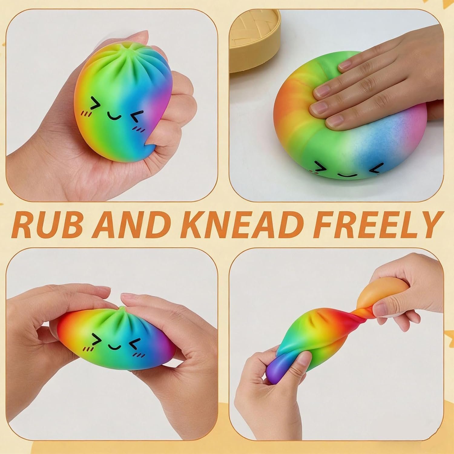2pcs Rainbow Dumpling Toy with Steamer Box, Surprise Colorful Squeeze Dough Stress Ball Realistic Steamed Bun Fidget Sensory Toy for Adult Gift - Image 4
