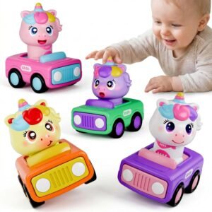 iPlay, iLearn Press to Go Unicorn Car Toys for Toddler 1-3, Baby Animal Racing Cars, Infant Girl Push Go Friction Toy, Kids Play Vehicle for 12 18 24 Month, 1st Birthday Gifts for 1 2 One Yr Child Boy