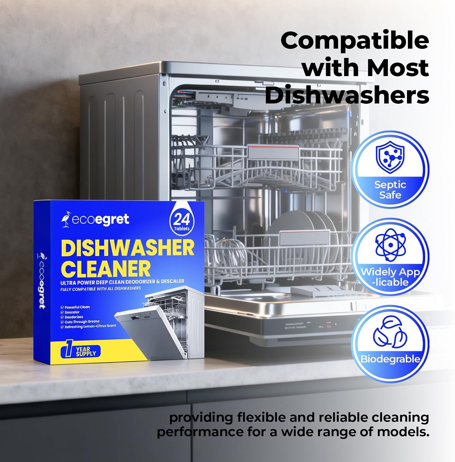 Dishwasher Cleaner Tablets (24 Count) - with Fresh Lemon Scent Dishwasher Cleaner and Deodorizer, Deep Cleans & Descales, Fits All Dishwashers, Septic Safe, 12 Month Supply - Image 5