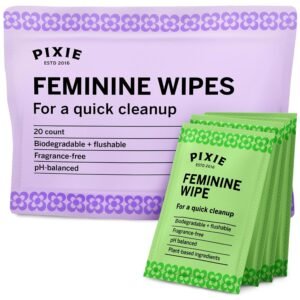 Pixie Feminine Wipes – Flushable, Biodegradable, & Ph Balanced – Individually Wrapped Packet Wipes for On The Go & Public Bathrooms – Wash & Cleaner For Your Menstrual Cups & Discs (1 Pack of 20)