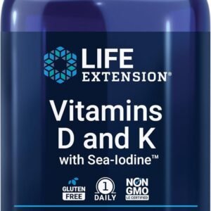 Life Extension Vitamins D and K with Sea-Iodine, Vitamin D3, Vitamin K1 and K2, Iodine, Supports Immune, Bone, arterial and Thyroid Health, Non-GMO, Gluten-Free, 60 Capsules