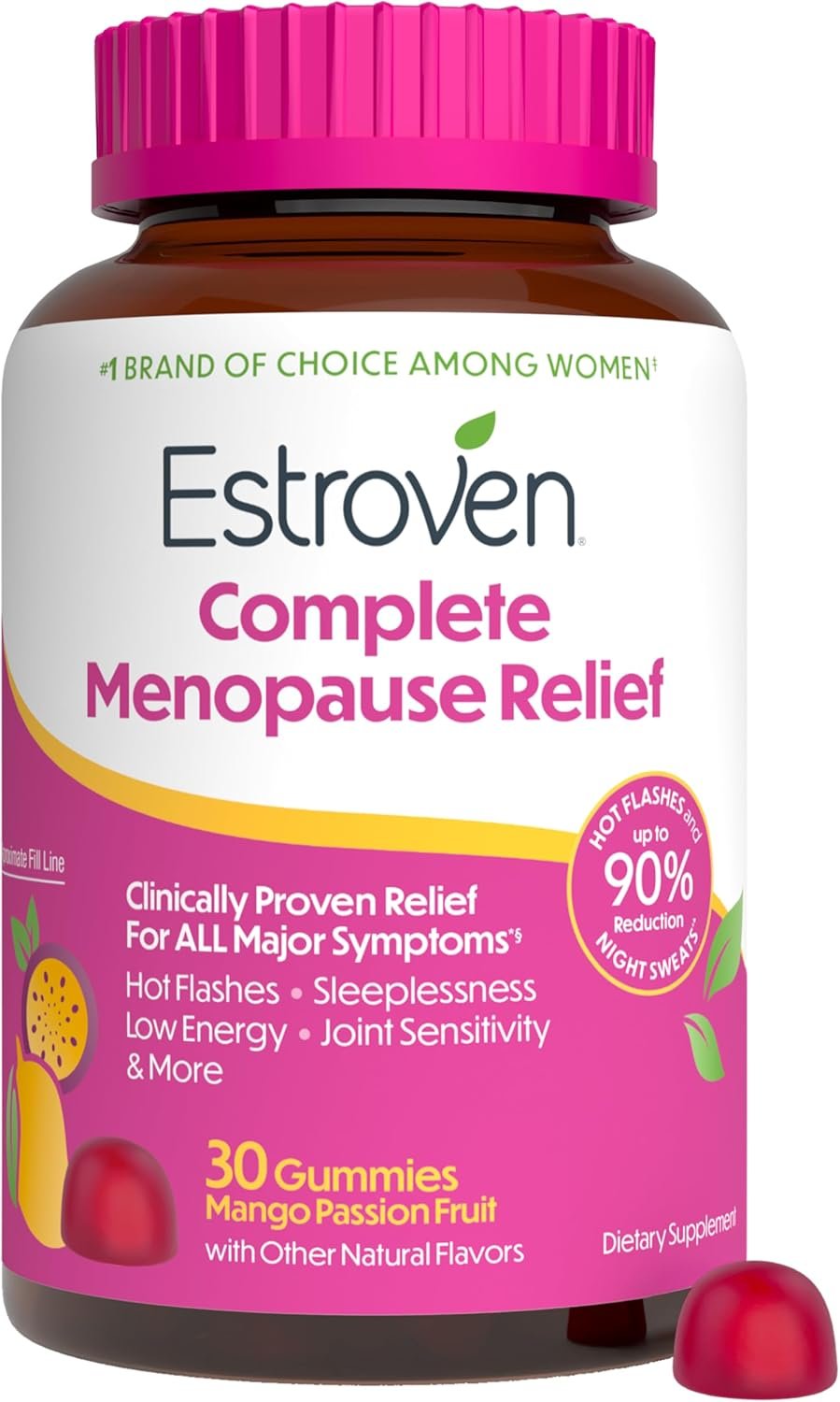 Estroven® Complete Menopause Relief Gummies for Women Mango Passionfruit Flavor, 30 Count, Hormone Free and Drug Free Daily Supplement for Hot Flashes and Night Sweats