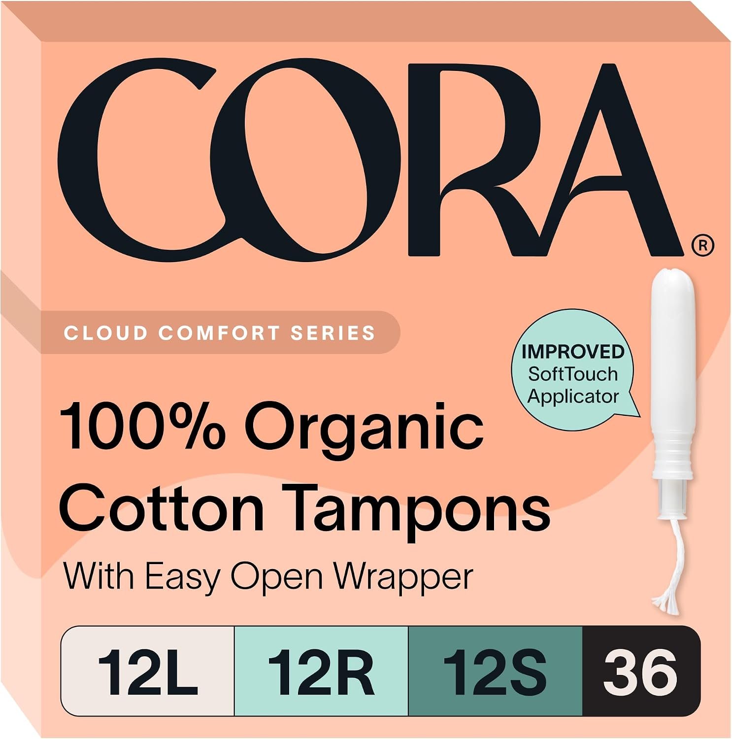 Cora Organic Tampons Multipack (12 Light, 12 Regular, 12 Super Tampons)