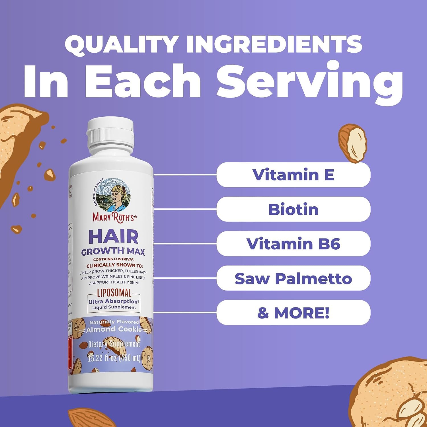 MaryRuth's Hair Growth Max Liposomal for Women | Lustriva® + Biotin 10000mcg + Pumpkin Seed Oil | Thicker Hair | Hair Care | Wrinkles, Fine Lines, Skin Care | Ages 18+ | CLP Certified | 15.22 Fl Oz - Image 5
