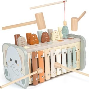 Joyreal Wooden Montessori Toys for 1 Year Old – Hammering Pounding Toy with Xylophone & Fishing Game – Educational Toddler Activities for 1 2 3 Year Old Christmas Birthday Gifts