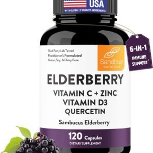 Elderberry Vitamin C and Zinc Capsules with D3 and Quercetin | 6-in-1 Immune Support Supplement Pills for Adults | 120 Count Sambucus Black Elderberry Natural Immunity Vitamins | Made in USA