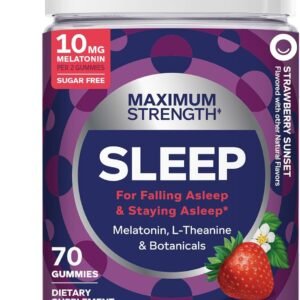 OLLY Max Strength Sleep Gummy, 10mg Melatonin, L-Theanine, Chamomile, Lemon Balm, Sugar Free, Vegetarian Sleep Aid, Strawberry – 70 Count