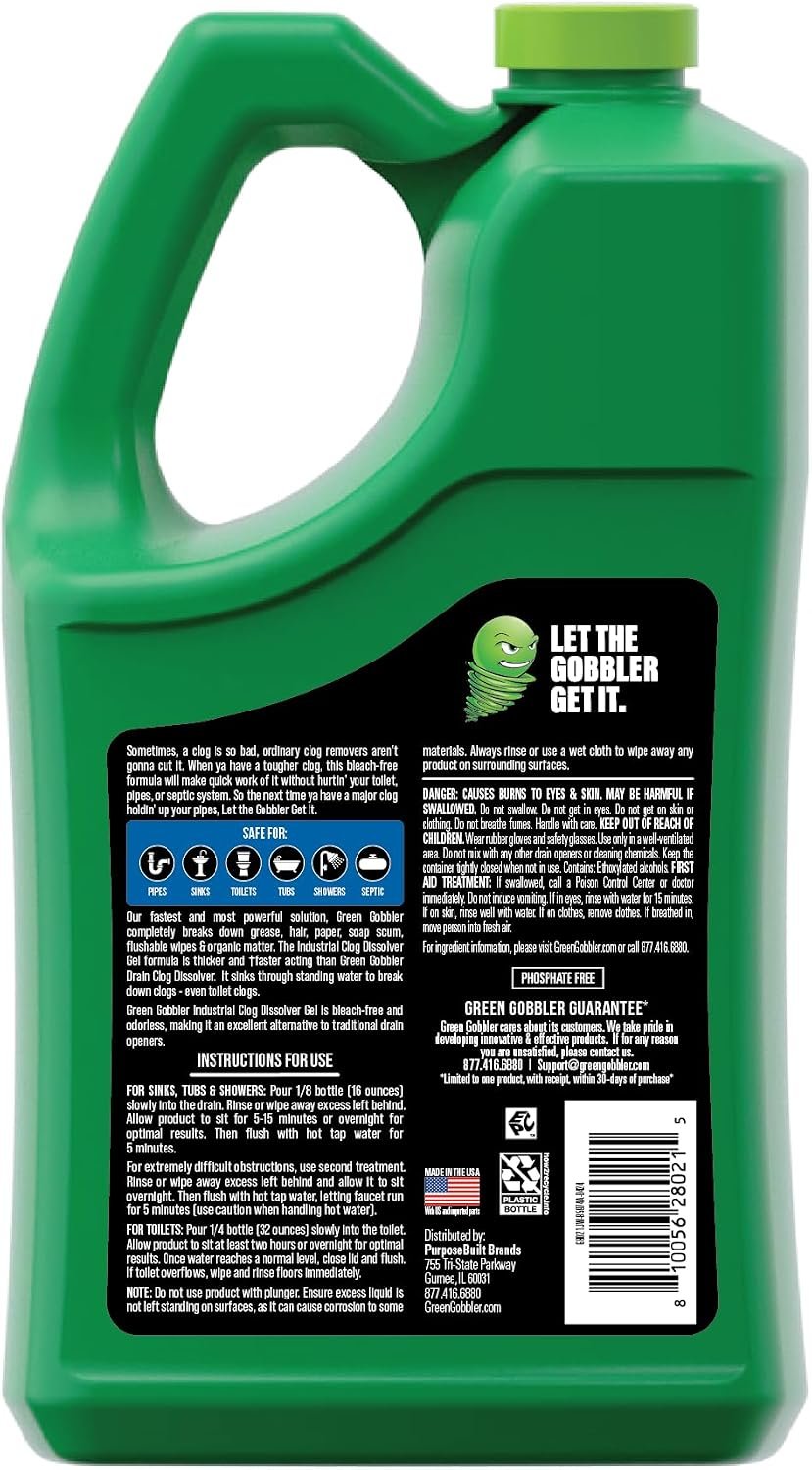 Green Gobbler Industrial Strength Grease and Hair Drain Clog Remover | Drain Cleaner Gel | Safe for Pipes, Toilets, Sinks, Tubs, Drains & Septic Systems | 1 Gallon - Image 2