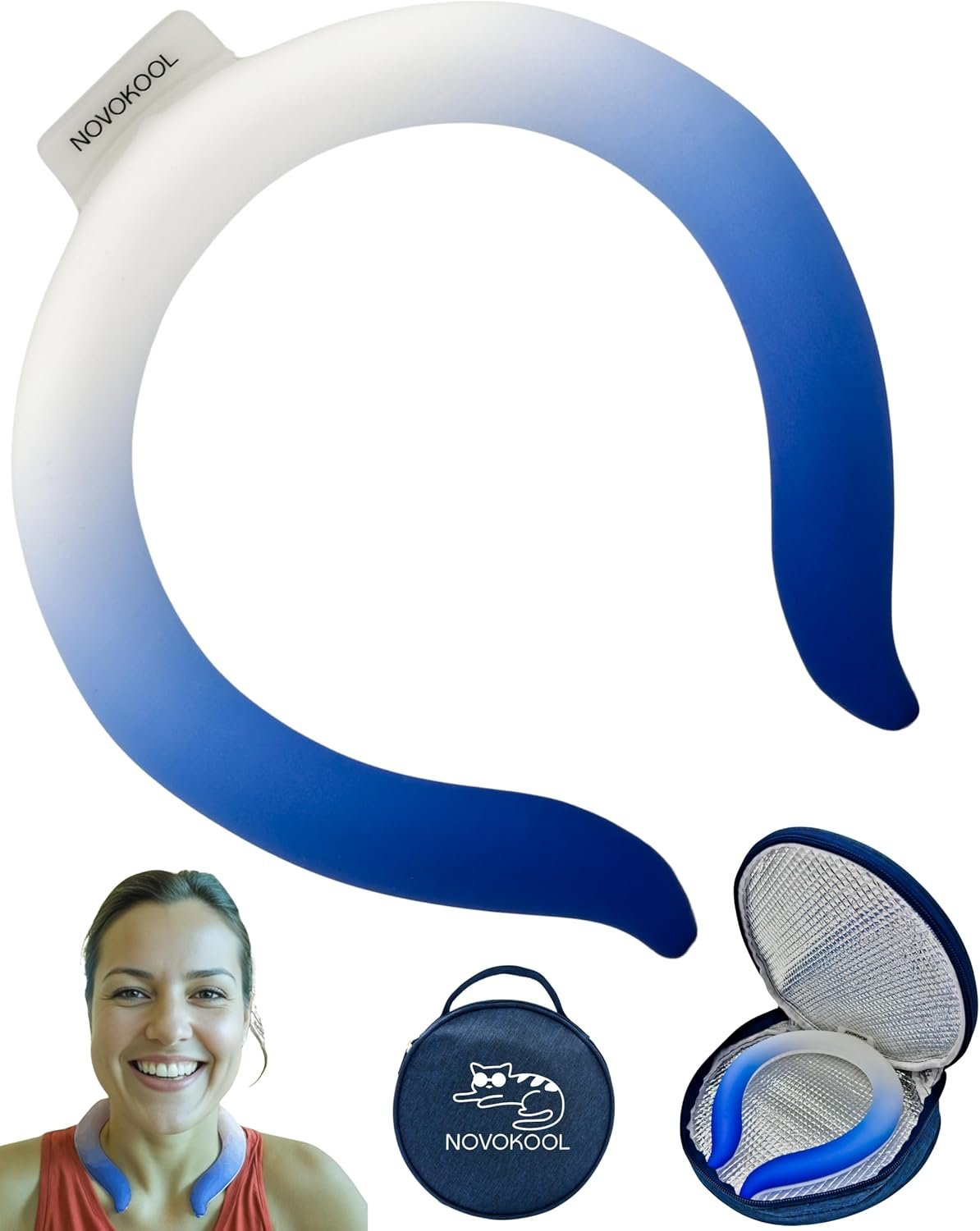 Neck Cooling Tube with Insulated Bag - Reusable Ice Ring Neck Cooler Wrap Indoor Outdoor - Wearable Cooling Ring - Relief for Summer and Hot Flashes - Freezes Under 64℉ (Blue and White)