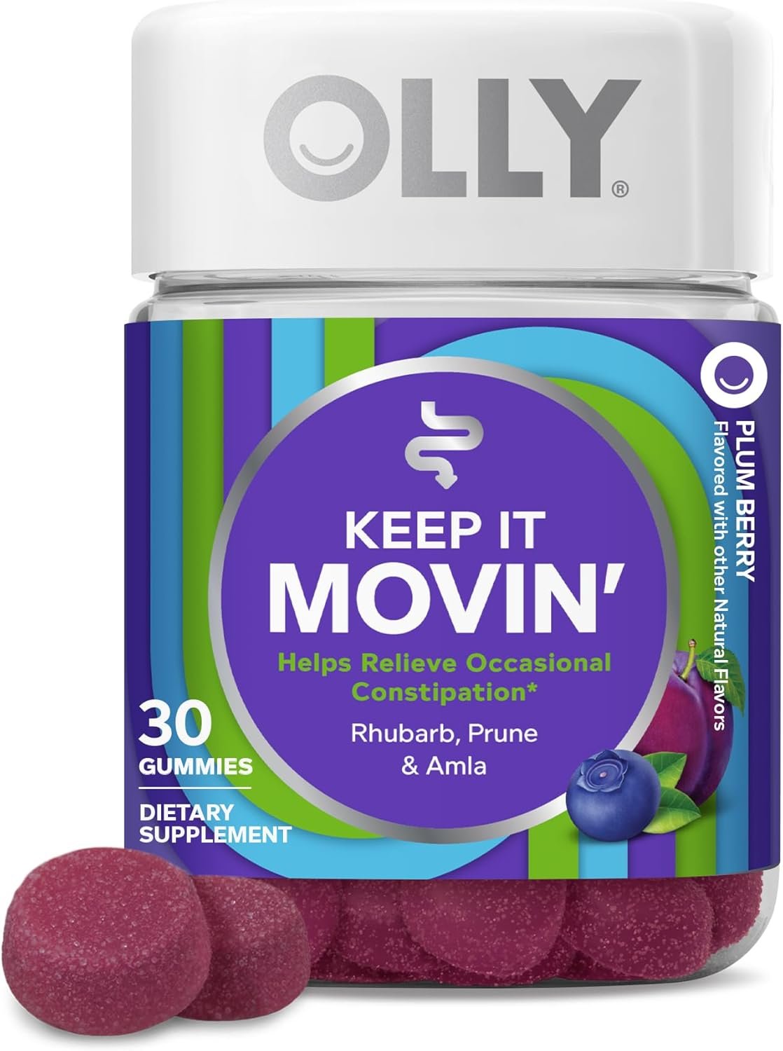 OLLY Keep it Movin' Gummy Supplement, Occasional Constipation Support,* Rhubarb, Prune, Amla Extracts - Plum Berry Flavored, 15 Day Supply - 30 Count