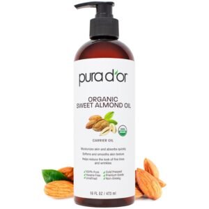 PURA D’OR ORGANIC Sweet Almond Oil, Pure Carrier Oil for Hair & Skin, 16 Oz | Moisturizes dry skin & softens strands; fast-absorbing, non-greasy feel for DIY beauty, massage & bath blends; USDA Certified