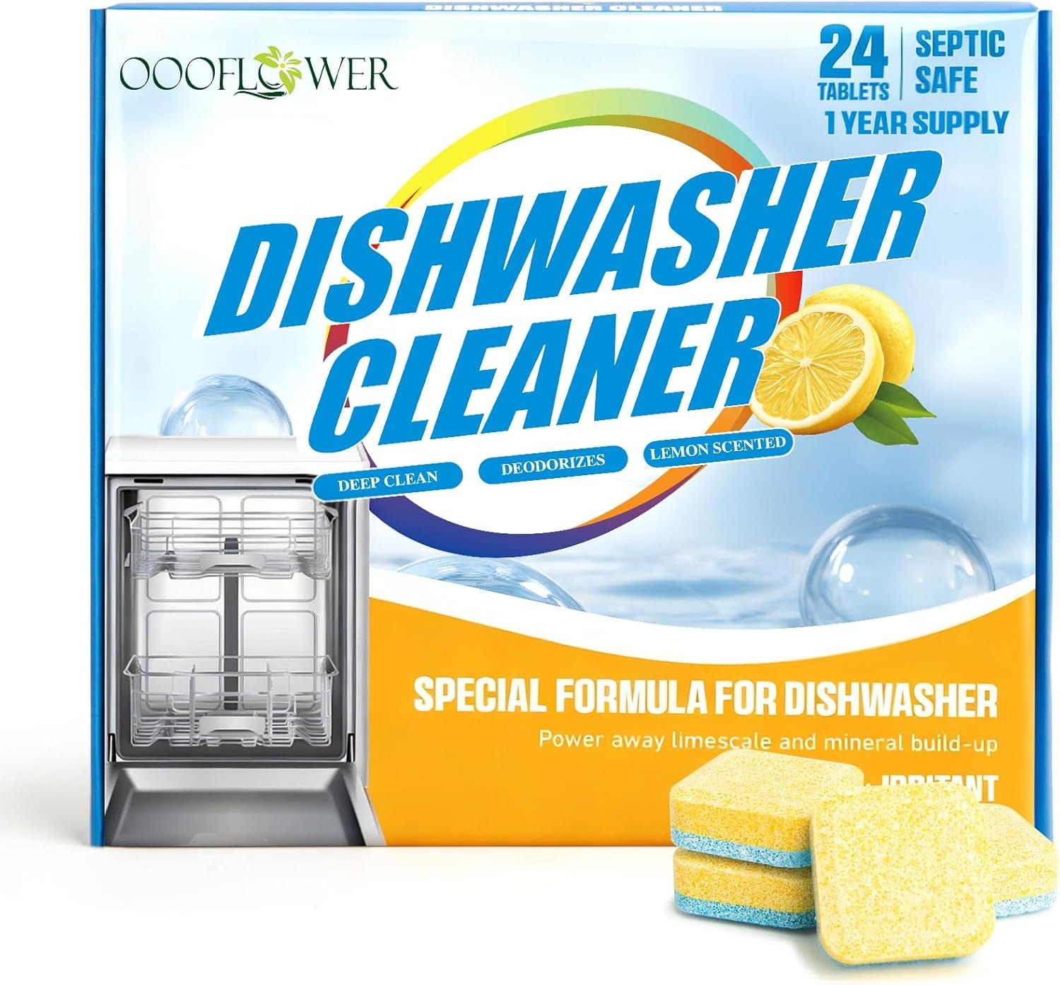 24-count Dishwasher Cleaner Tablets, Deep Cleaning and Descaling Formula, Removes Odors, Scale, and Hard Water Residue, Maintains Dishwashers, Septic Tank Safe (Lemon Scent)