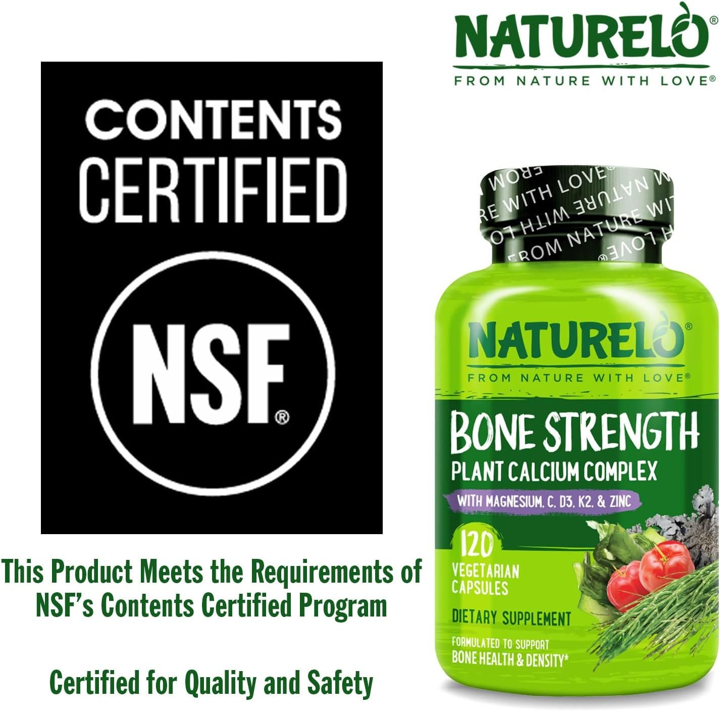 NATURELO Calcium Supplement - with Vitamin C, Vitamin D3, K2, and Calcium Magnesium Zinc for Bone Strength with Calcium 600mg - Plant-Based, 120 Vegetarian Capsules, Non-GMO, Soy & Gluten-Free - Image 9