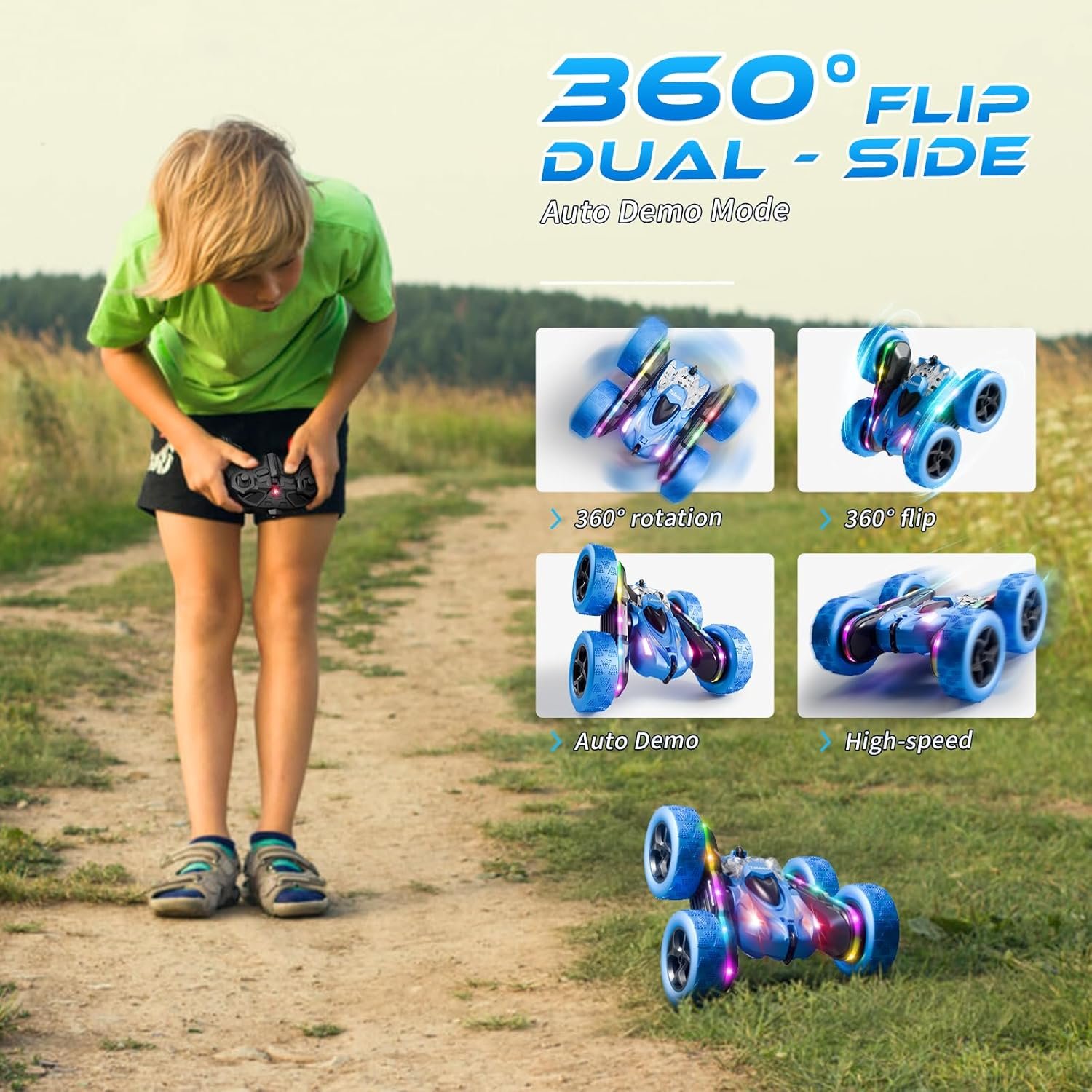 Remote Control Stunt Car 4WD 360° Flip Double‑Sided RC Cars, LED Light Bar, USB‑C Modular Battery, 2.4 GHz Outdoor Beach Toy for Boys 6‑12 Years Old, Birthday & Christmas Kids Gift, Blue - Image 5
