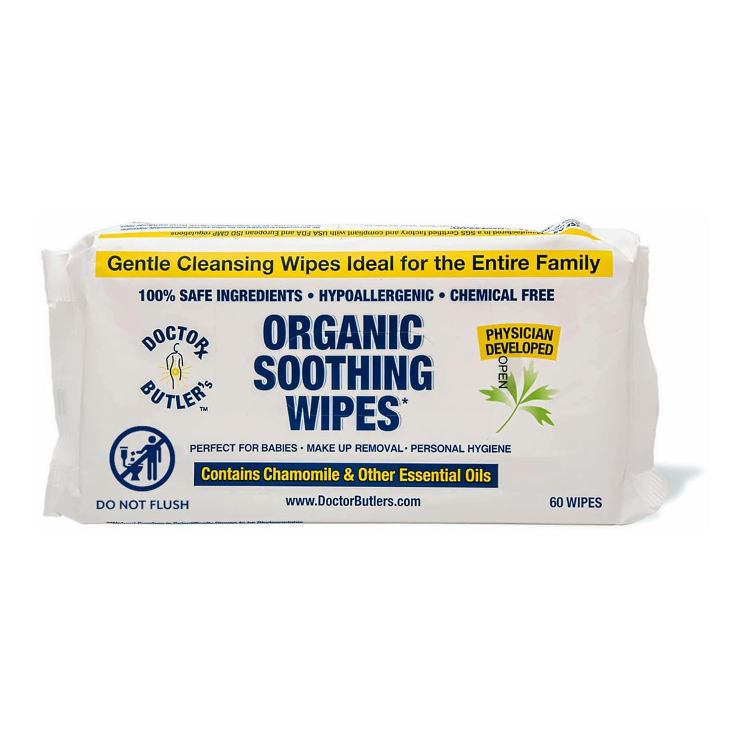 Doctor Butler's Soothing All-Purpose Wet Wipes for Sensitive Skin, Made with Organic Bamboo, Face Wipes, and Bathroom Cleanup with Chamomile and Essential Oils* (1 Pack - 60 Count)