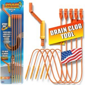 Flexisnake Drain Weasel Hair Clog Remover Kit – Plumbing Snake Auger for Cleaning Shower, Bath Tub, Bathroom Drains with Rotating Handle and 5 Disposable Wands, Made in USA