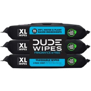 DUDE Wipes Unscented Flushable Wipes – Extra-Large Adult Wet Wipes for Sensitive Skin – 3 Pack (144 Count) – Infused with Vitamin E and Aloe – Septic and Sewer Safe