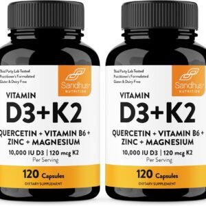 Sandhu’s Vitamin D3 K2 Magnesium 10000 IU, 120mcg K2 Capsules 120 Count (Pack of 2) | with VIT B6, Zinc & Quercetin | D3K2 Supports Superior Absorption, Energy, Immune, Muscle Health for Men & Women