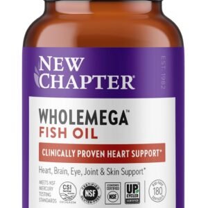 New Chapter Wholemega Fish Oil Supplement – 2000mg per Serving, Clinically Proven Wild Alaskan Salmon Oil with Omega-3 + Vitamin D3 + Astaxanthin, 180 Softgels