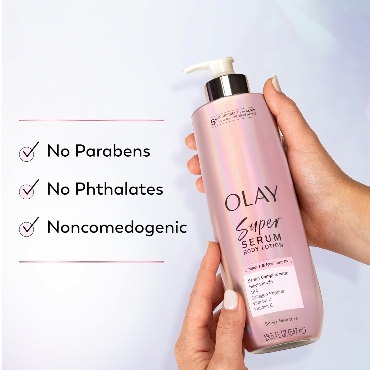 Olay Super Serum Hand & Body Lotion for Dry Skin, 24hr Long Lasting Hydration, 5+ Ingredient Complex for Bright Even Firm Luminous Skin, Sweet Vanilla & Soft Wood Scent, 18.5 fl oz - Image 8