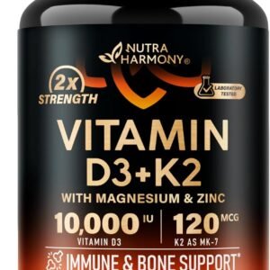Vitamin D3 K2 – Vitamin D3 10000 iu & K2 as MK-7 120 mcg – Immune & Mood Support, for Bone & Teeth Health – with Magnesium, Zinc & Vitamin C & B12 – Highly Bioavailable – Gluten Free, 120 Capsules