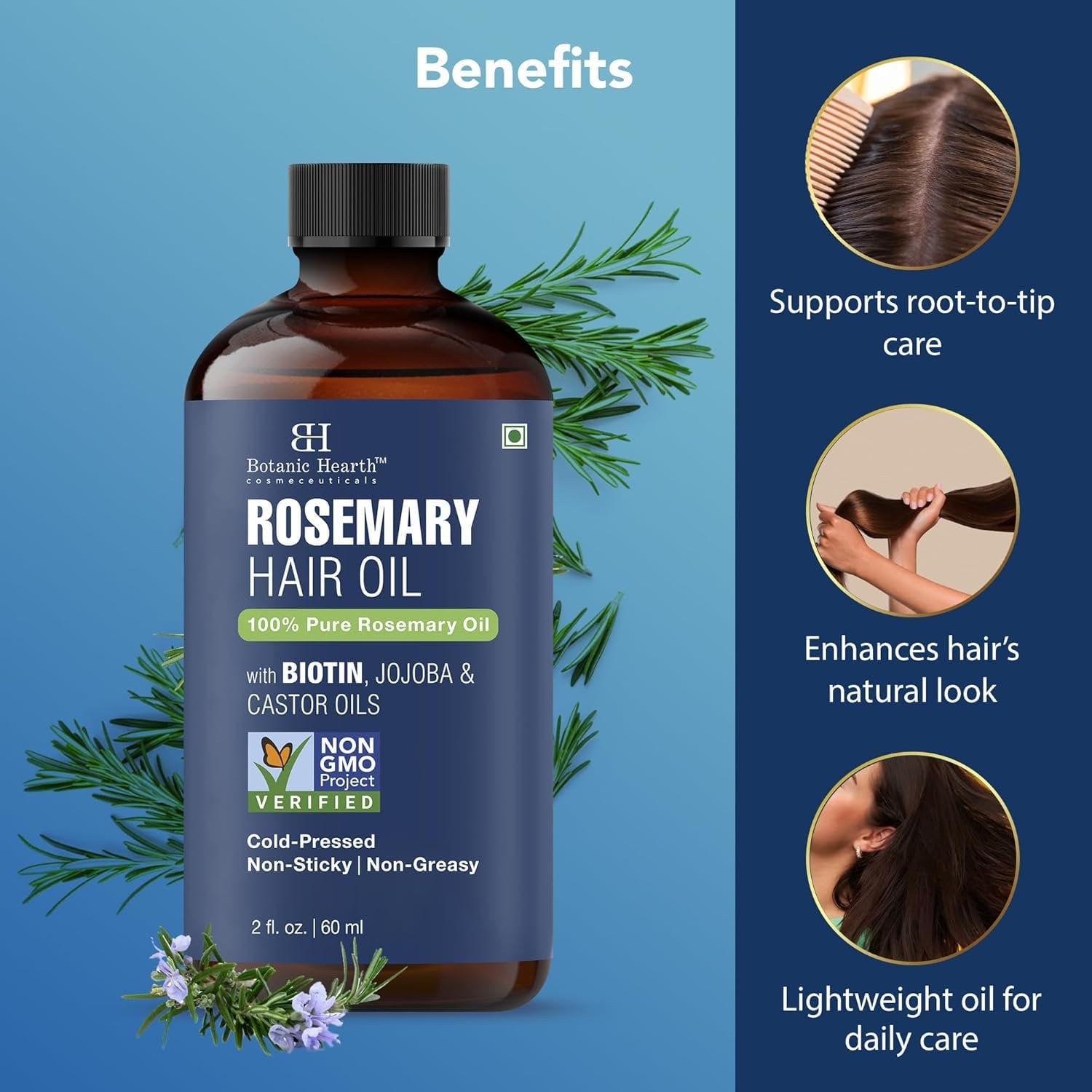 Botanic Hearth 100% Pure Rosemary Oil For Hair Growth Infused With Biotin | Hair Strenghtening Treatment | Nourishing & Volumizing | With Jojoba Oil & Castor Oil | Non GMO Verified | 2 fl oz, Blue - Image 2