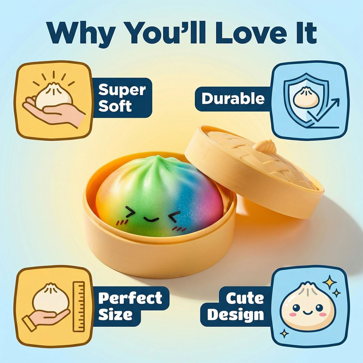 2pcs Rainbow Dumpling Toy with Steamer Box, Surprise Colorful Squeeze Dough Stress Ball Realistic Steamed Bun Fidget Sensory Toy for Adult Gift - Image 6