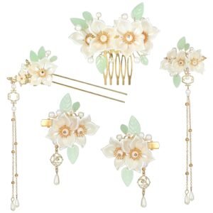 Amabro Chinese Hanfu Flower Hairpin Set, 5 PCS Floral Retro Chinese Tassel Headpiece Traditional Chinese Hanfu Brides Hair Accessories for Hairstyle Daily Wear Party Banquets Dating Weddings(Camellia)