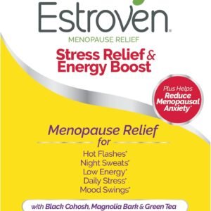 Estroven Stress Relief & Energy Boost for Menopause Relief – 28 Ct. – Clinically Proven Ingredients Provide Stress & Energy Support + Night Sweats & Hot Flash Relief – Drug-Free and Gluten-Free