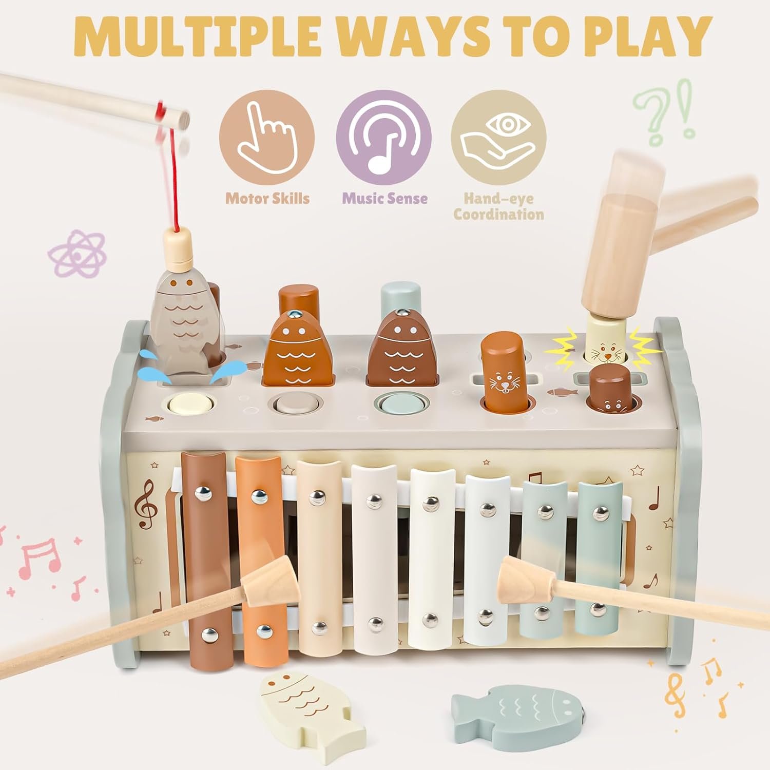 Joyreal Wooden Montessori Toys for 1 Year Old - Hammering Pounding Toy with Xylophone & Fishing Game - Educational Toddler Activities for 1 2 3 Year Old Christmas Birthday Gifts - Image 5