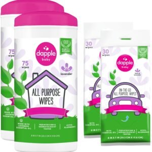 Dapple Baby All Purpose Cleaning Wipes – (2 Pack) 75 Count Canisters + (2 Pack) 30 Count Pouches – Plant-Powered & Hypoallergenic – Lavender Scent – Baby Essentials