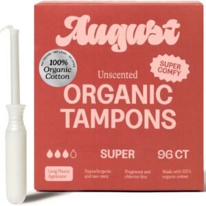 August Organic Cotton Tampons – Easy-Glide Long Applicators – 96 Super Tampons Made with Organic Cotton, Non-Toxic, Fragrance-Free, Chlorine-Free, and Hypoallergenic (6 Boxes of 16/12 Boxes of 8)