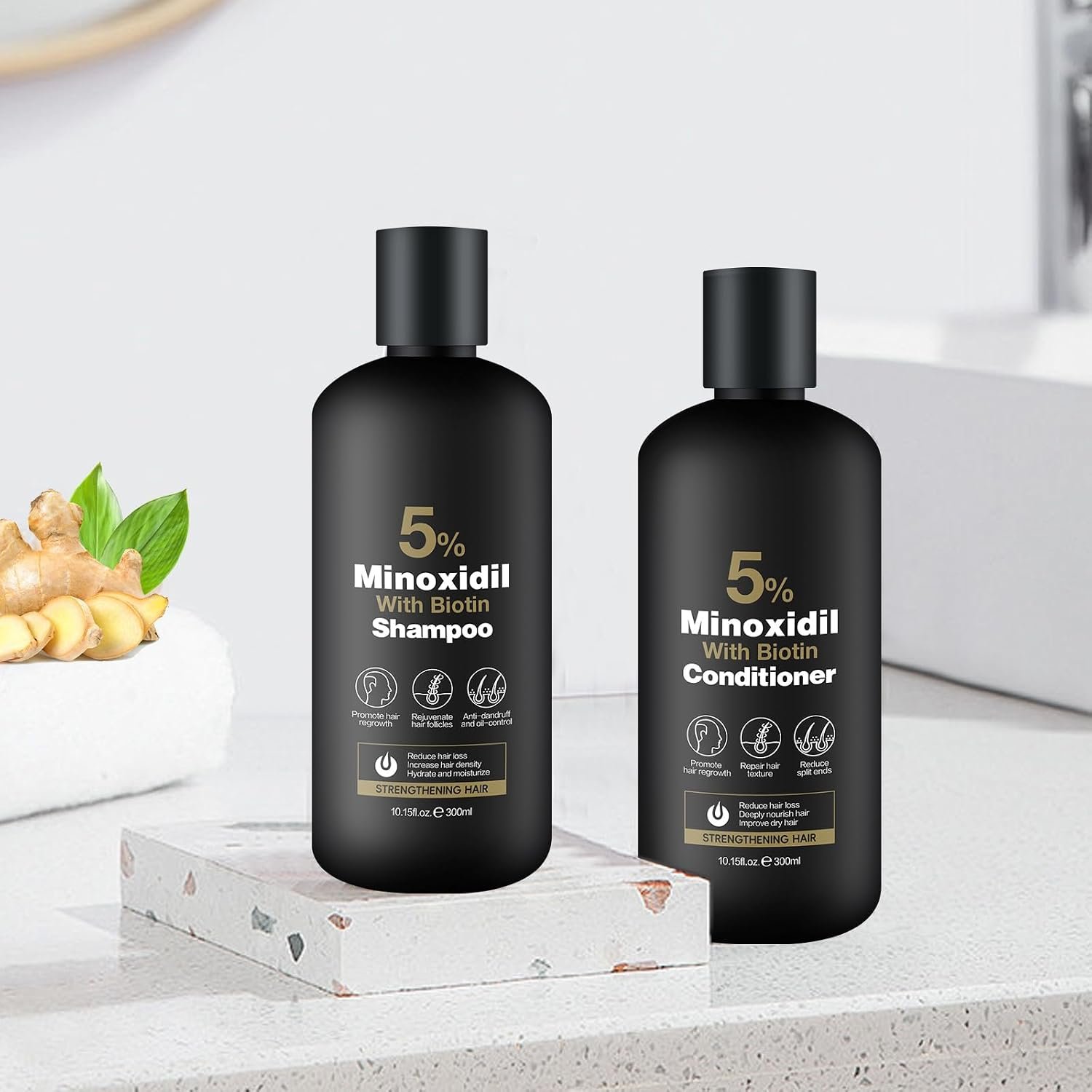 Minoxidil Shampoo & Conditioner Set for Hair Growth – Biotin, Ginseng & Ginger – Supports Thicker, Fuller Hair – Scalp Care Formula – For Men & Women – 600ml Duo - Image 2