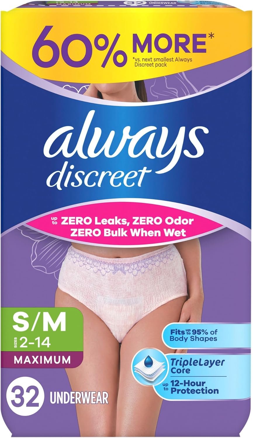 Always Discreet Adult Diapers for Women, Incontinence Underwear, Postpartum Essentials, Disposable Briefs, Max Absorbency, Bladder Leak Protection, Small/Medium, 32ct - Image 11