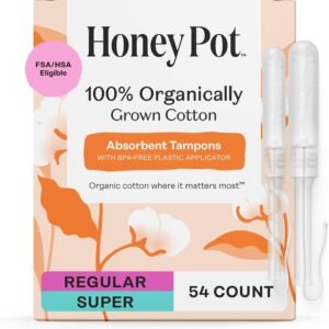 The Honey Pot Company – Multipack -100% Organic Cotton Core Tampons w/Bio Plastic Applicator – Regular & Super Absorbency – Unscented – Feminine Care – 54 Count (3 Packs of 18)