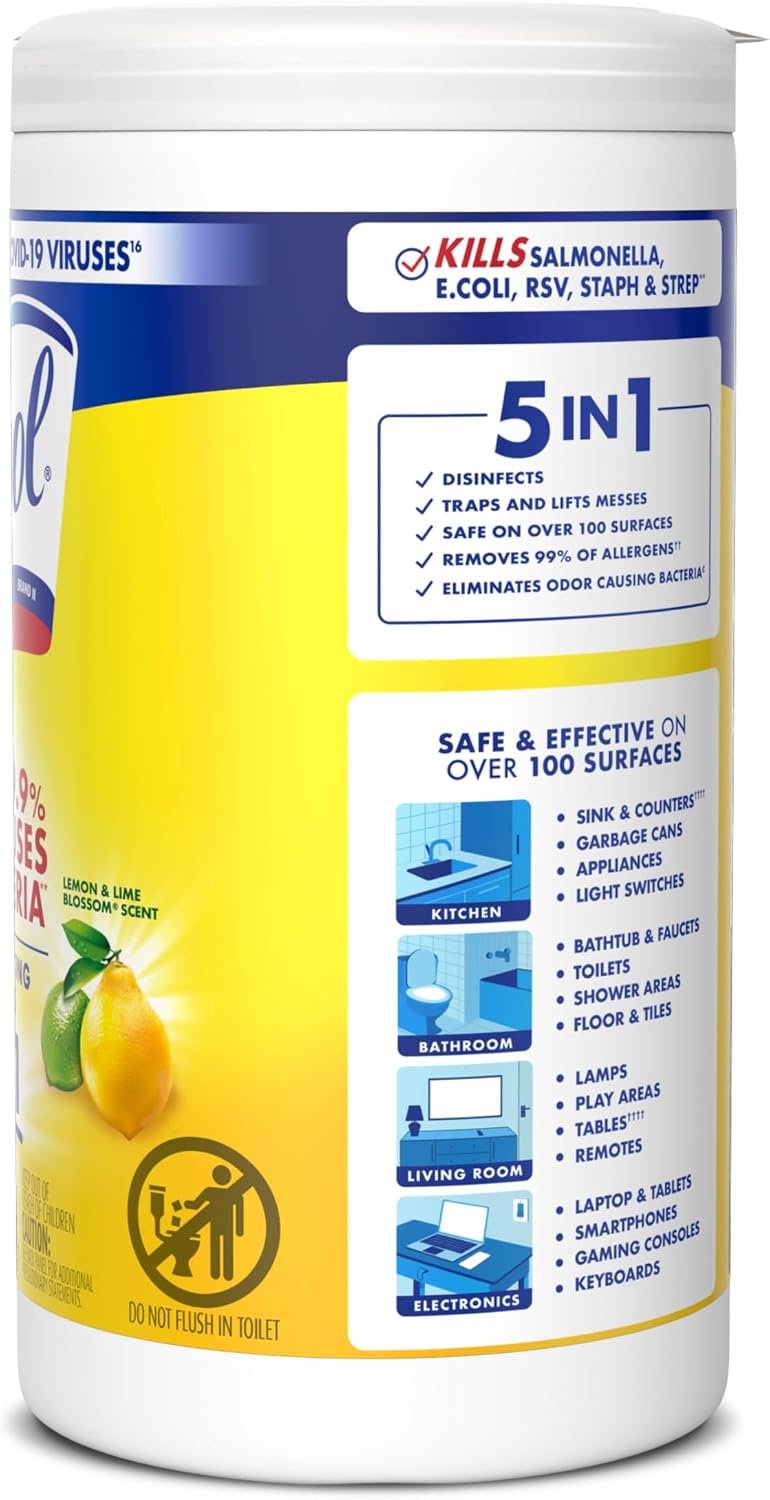 Lysol Disinfectant Wipes, Multi-Surface Antibacterial Cleaning Wipes, for Disinfecting and Cleaning, Lemon and Lime Blossom, 80 Count (Pack of 1) - Image 13